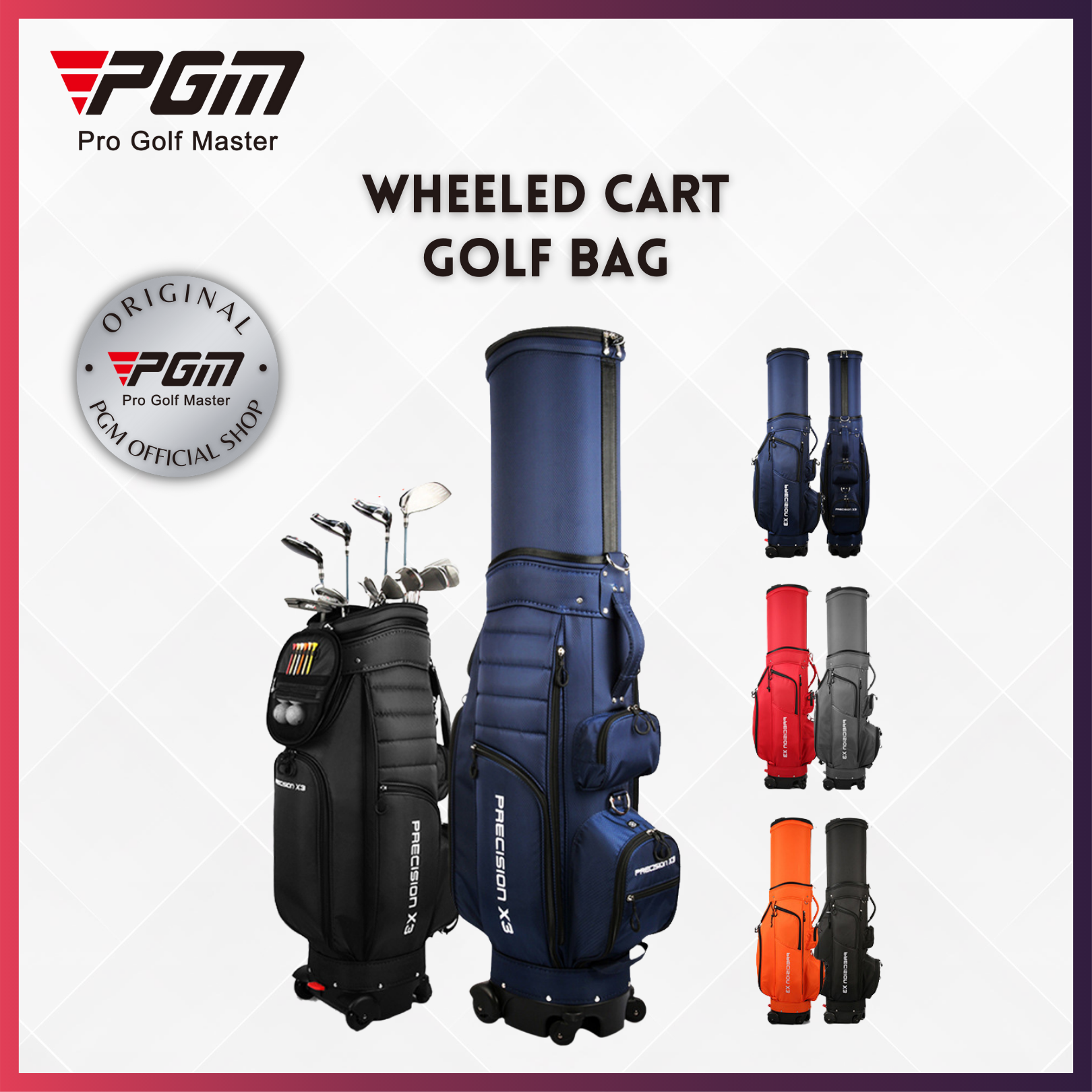 PGM Tas Golf Wheeled Cart Bag 4 Wheel Retractable Cap Tas Stik 4 Roda